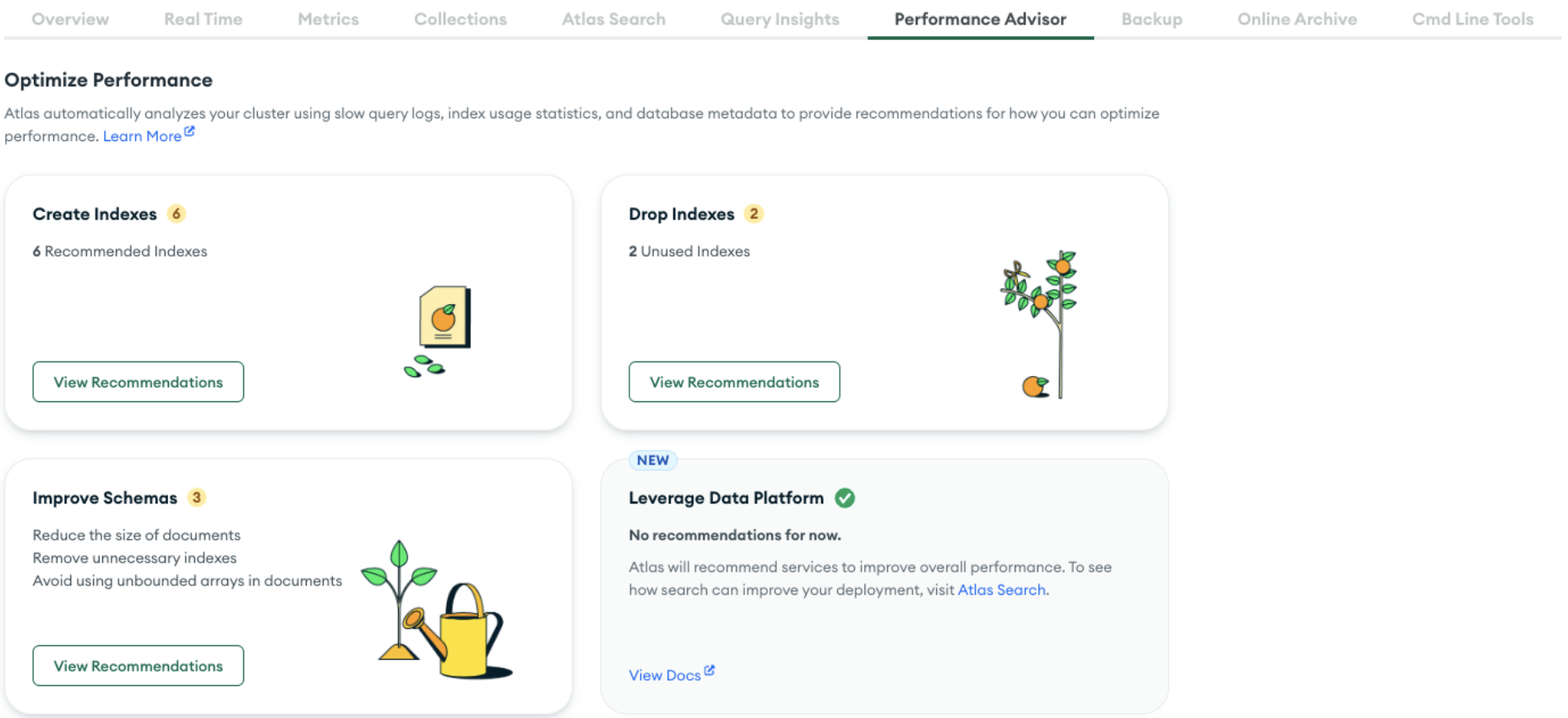 Screenshot of the Performance Advisor dashboard. The dashboard includes options for creating indexes, dropping indexes, improving schema, and an option for leveraging for data platform